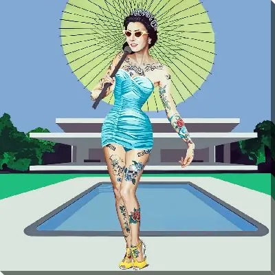 Картина маслом Дама с татуировками под зонтом у бассейна