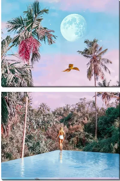 Модульная картина Девушка под пальмами в бассейне