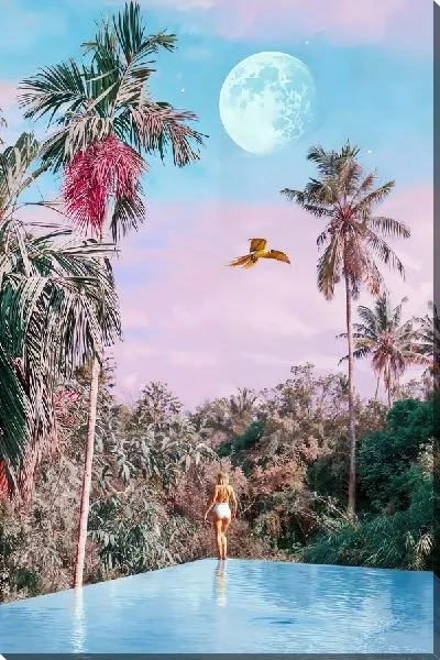 Картина маслом Девушка под пальмами в бассейне