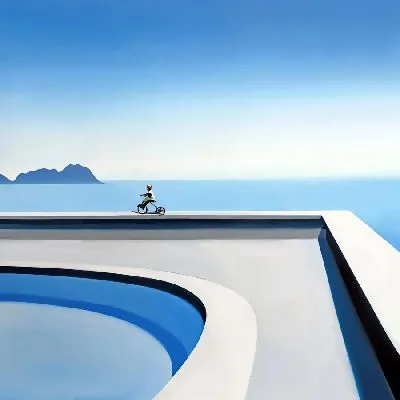 Плакат Ребенок на велосипеде вдоль бассейна