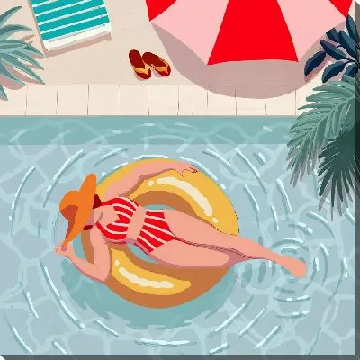 Картина маслом Дама в шляпе отдыхает в бассейне