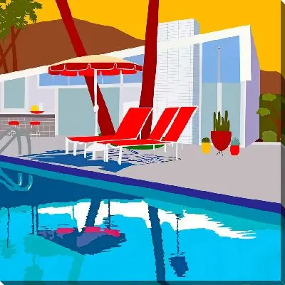 Картина маслом Красные шезлонги у бассейна