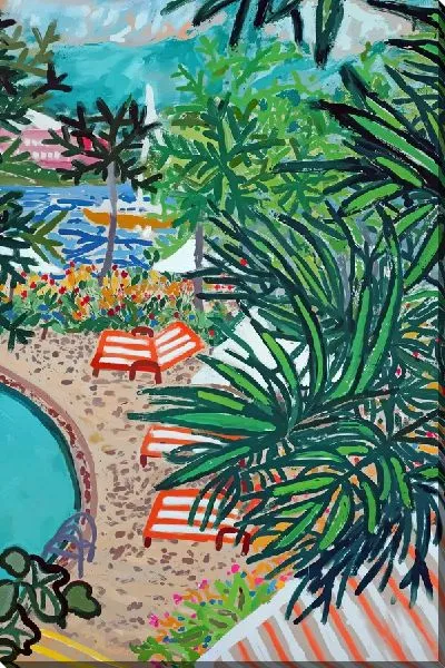 Картина маслом Внутренний двор с бассейном и деревьями