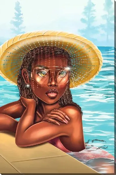 Картина маслом Африканка в очках и шляпе в бассейне
