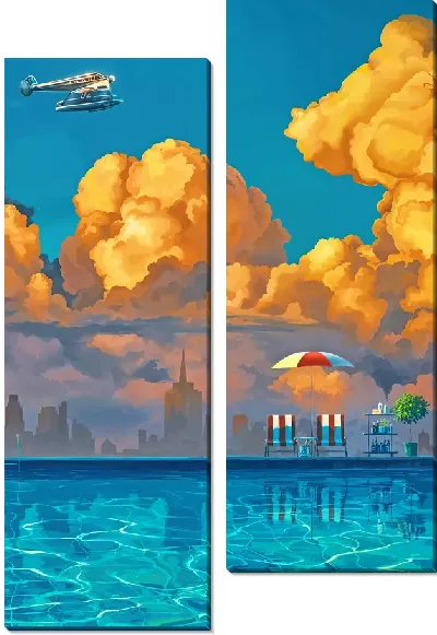 Модульная картина Гидросамолет над бассейном на фоне желтых облаков