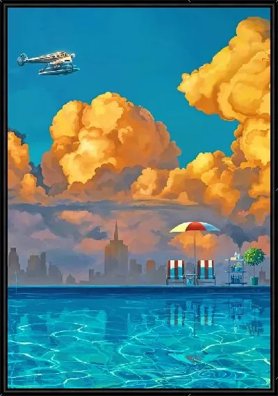 Картина Гидросамолет над бассейном на фоне желтых облаков
