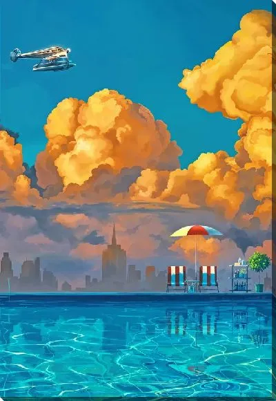 Постер Гидросамолет над бассейном на фоне желтых облаков