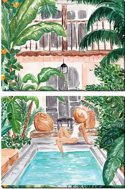 Модульная картина Девушка мочит ногу в бассейне