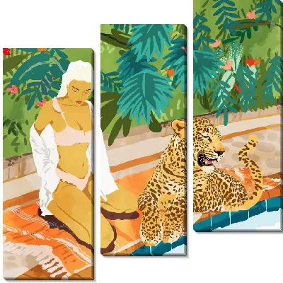Модульная картина Девушка в купальнике и леопард у бассейна