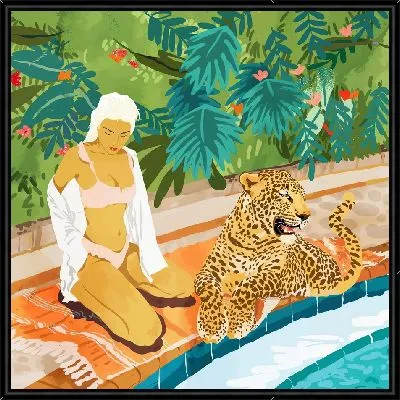 Девушка в купальнике и леопард у бассейна