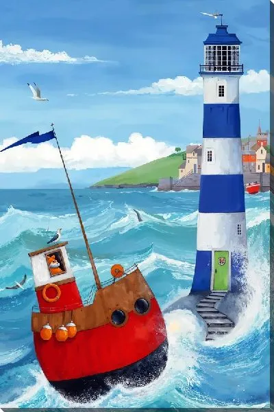 Картина маслом Лодка в бушующем море с волнами на фоне маяка