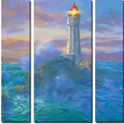 Волны бьются об остров с маяком