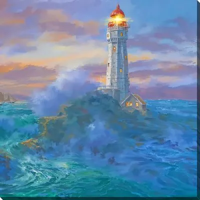 Волны бьются об остров с маяком