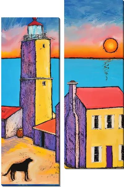 Модульная картина Маяк на закате и собака