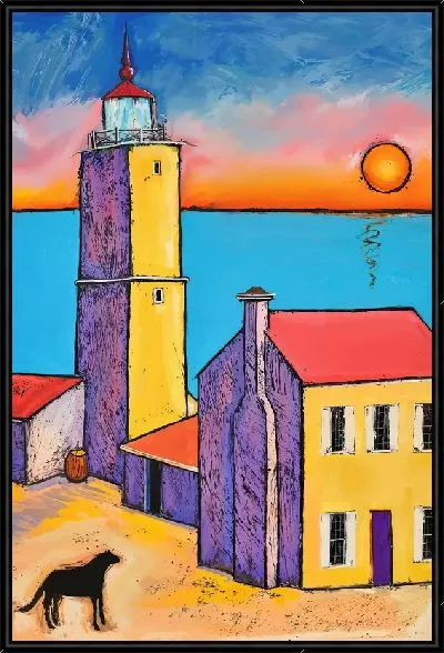 Картина Маяк на закате и собака