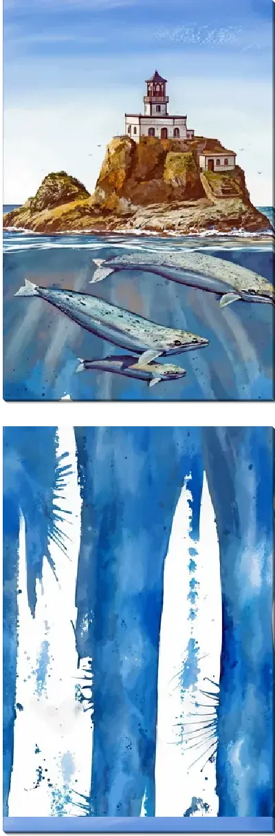 Модульная картина Киты под островом с маяком