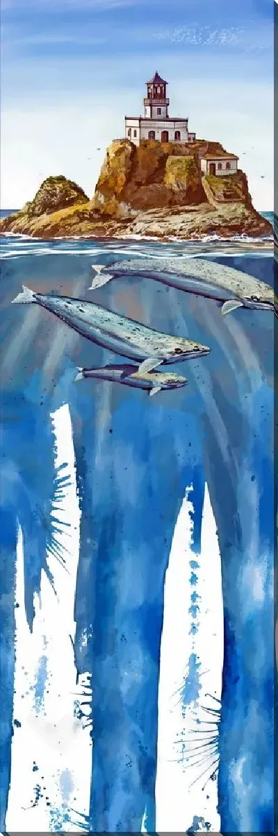 Картина маслом Киты под островом с маяком