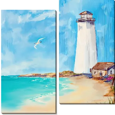 Модульная картина Чайка над пляжем с маяком