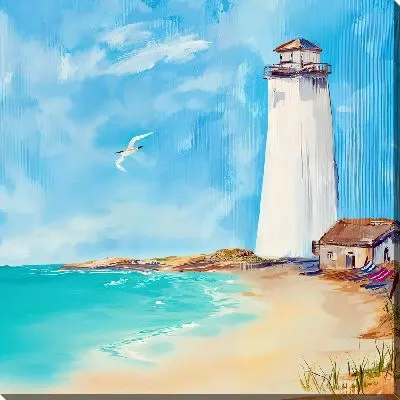 Картина маслом Чайка над пляжем с маяком
