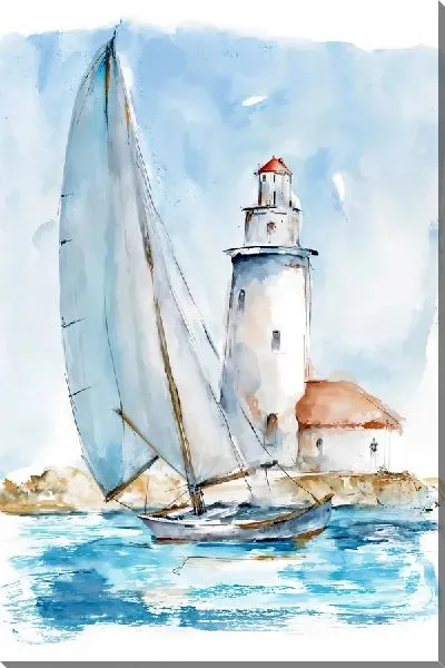 Картина маслом Парусник на фоне маяка