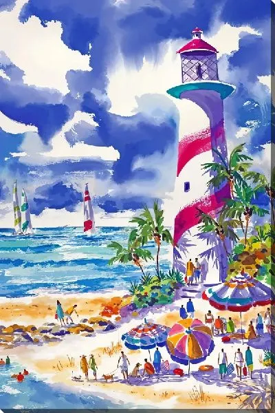 Картина маслом Отдыхающие на пляже перед маяком