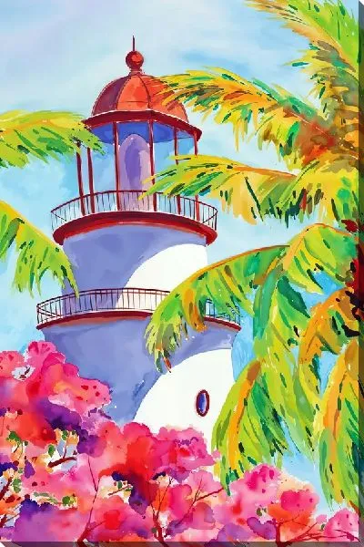 Картина маслом Пейзаж с маяком, пальмами и цветами