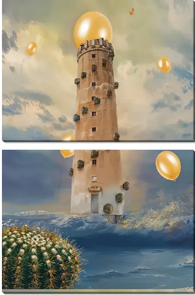 Модульная картина Маяк, кактус и воздушные шарики