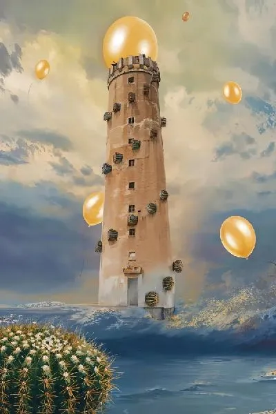 Плакат Маяк, кактус и воздушные шарики