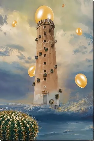 Постер Маяк, кактус и воздушные шарики