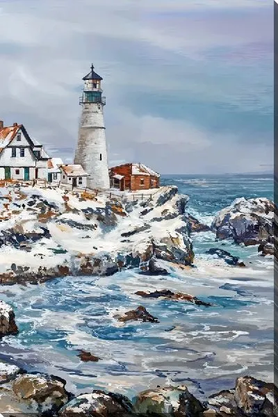 Картина маслом Зимний пейзаж с маяком