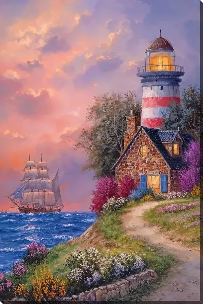 Картина маслом Пейзаж с закатом и маяком