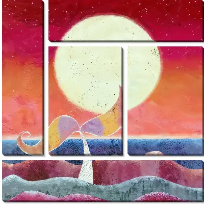 Кит на фоне полной Луны и волн