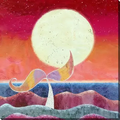 Кит на фоне полной Луны и волн