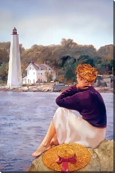 Картина маслом Девушка с шляпой напротив маяка