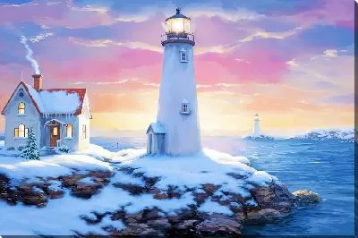 Картина маслом Зимний пейзаж с маяком и домиком