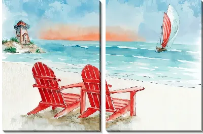 Модульная картина Два стула на пляже и маяк