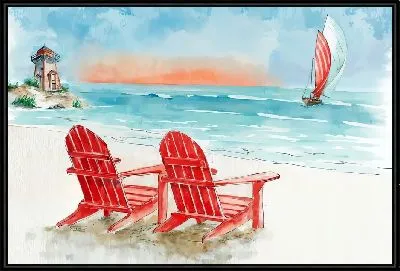 Два стула на пляже и маяк