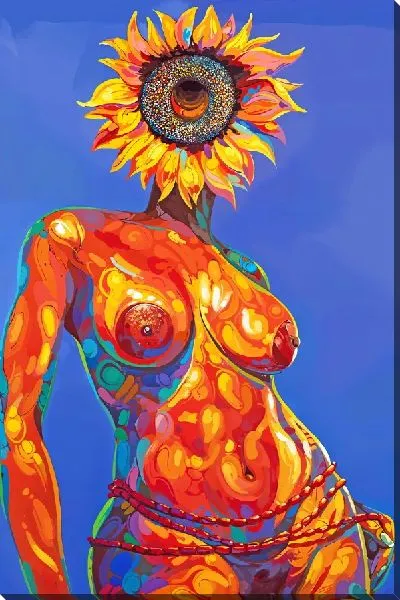 Картина маслом Девушка с подсолнухом на голове