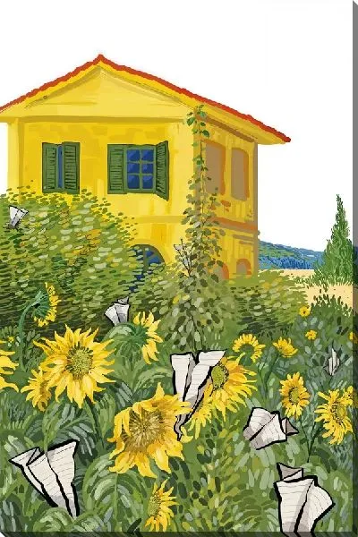 Картина маслом Двор с подсолнухами и бумажными самолетиками