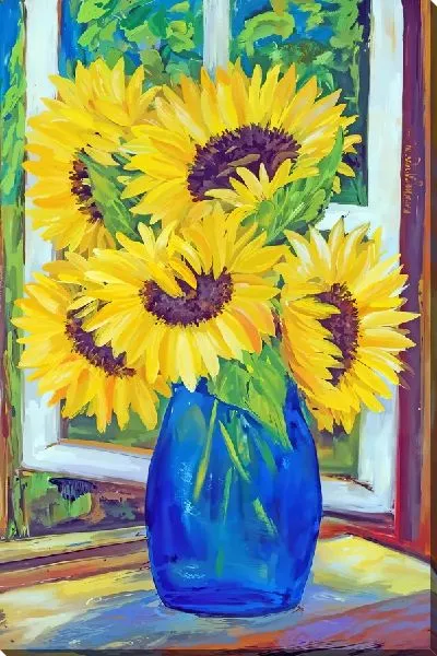 Картина маслом Букет подсолнухов у окна