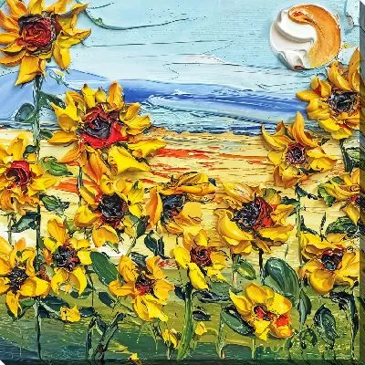 Картина маслом Поле с подсолнухами в стиле мастихин