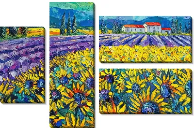 Поле с лавандой и подсолнухами