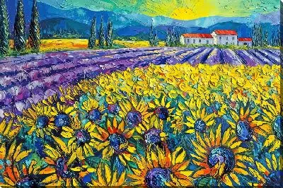 Поле с лавандой и подсолнухами