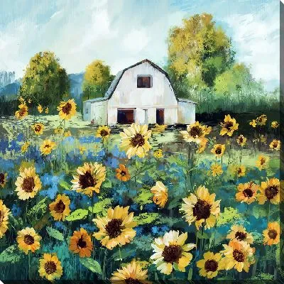 Картина маслом Подсолнухи на фоне дома