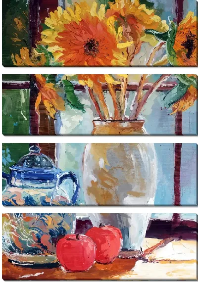 Модульная картина Подсолнухи в вазе на подоконнике