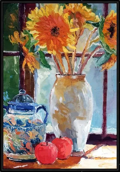 Картина Подсолнухи в вазе на подоконнике