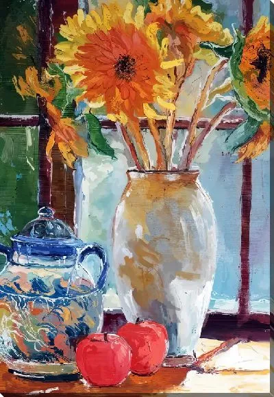 Постер Подсолнухи в вазе на подоконнике