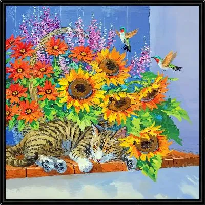 Спящая кошка на подоконнике с цветами и колибри