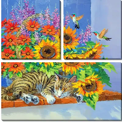 Спящая кошка на подоконнике с цветами и колибри