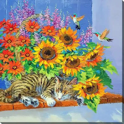 Спящая кошка на подоконнике с цветами и колибри